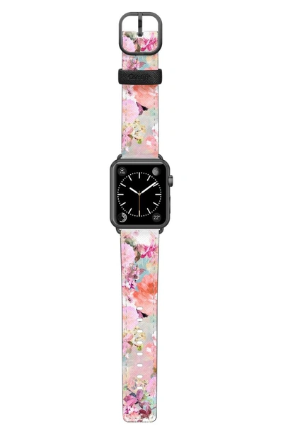 Shop Casetify Romantic Watercolor Flowers Saffiano Faux Leather Apple Watch Strap In Pink/ Black