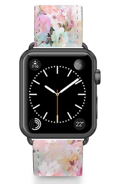 Shop Casetify Romantic Watercolor Flowers Saffiano Faux Leather Apple Watch Strap In Pink/ Black