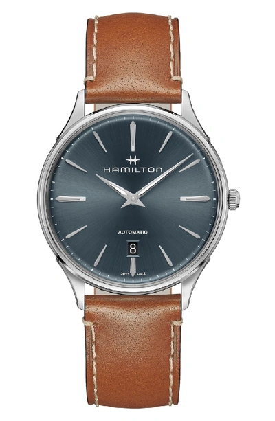 Shop Hamilton Jazzmaster Thinline Automatic Leather Strap Watch, 40mm In Brown/ Blue/ Silver