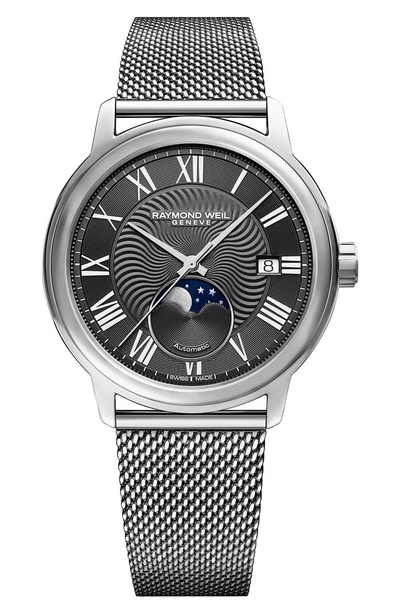 Shop Raymond Weil Maestro Moon Phase Automatic Mesh Strap Watch, 40mm In Silver/ Grey/ Silver