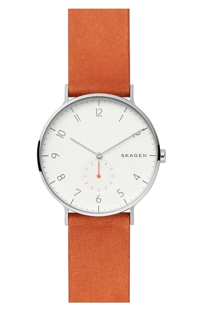 Shop Skagen Aaren Leather Strap Watch, 40mm In Orange/ Silver