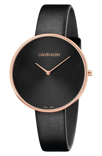 Shop Calvin Klein Full Moon Leather Band Watch, 42mm In Black/ Rose Gold
