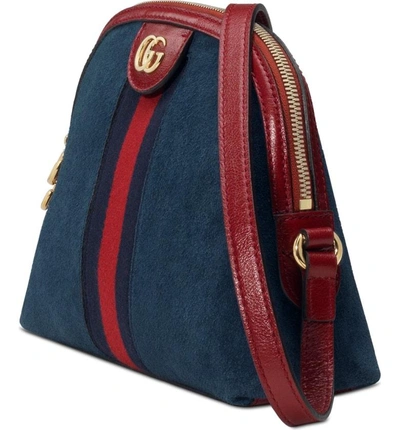 Shop Gucci Ophidia Suede Crossbody Bag - Blue In New Blue/ Cerise/ Blue Red
