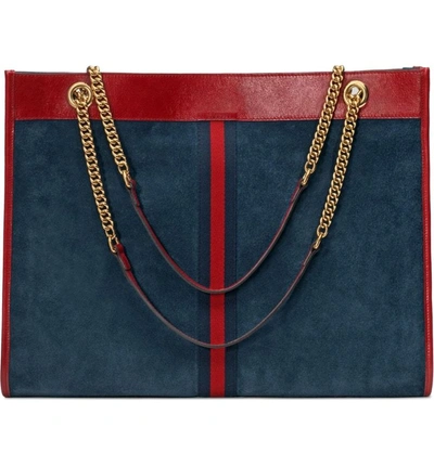 Shop Gucci Large Rajah Suede Tote - Blue In New Blue/ Cerise/ Blue Red