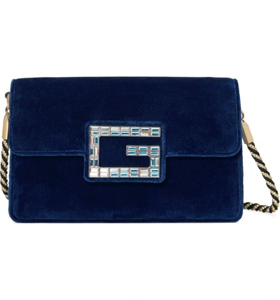 Shop Gucci Small Broadway Velvet Crossbody Bag In Cobalt/ Oro/ Crystal