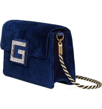 Shop Gucci Small Broadway Velvet Crossbody Bag In Cobalt/ Oro/ Crystal