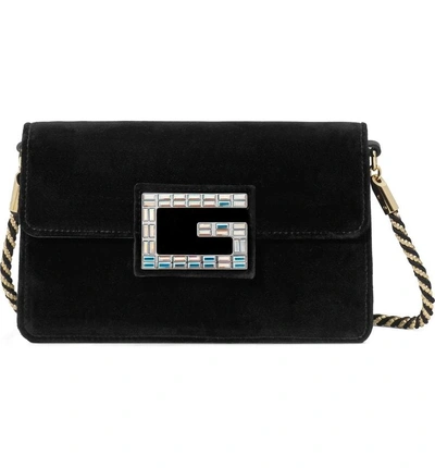 Shop Gucci Small Broadway Velvet Crossbody Bag - Black In Nero/ Nero Oro/ Crystal