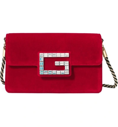 Shop Gucci Small Broadway Velvet Crossbody Bag In Hibiscus Red/ Nero Oro