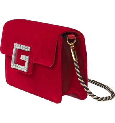 Shop Gucci Small Broadway Velvet Crossbody Bag In Hibiscus Red/ Nero Oro