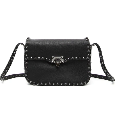 Shop Valentino 'rockstud - Noir' Calfskin Leather Shoulder Bag - Black