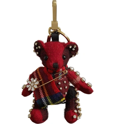 Shop Burberry Thomas Bear Check Cashmere Bag Charm With Crystal Kilt Pin - Red In Parade Red