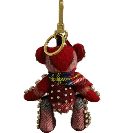 Shop Burberry Thomas Bear Check Cashmere Bag Charm With Crystal Kilt Pin - Red In Parade Red