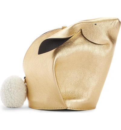 Shop Loewe Mini Bunny Metallic Leather Crossbody Bag With Genuine Shearling Trim - Metallic In Gold