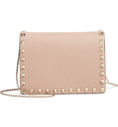 Shop Valentino Rockstud Leather Pouch Wallet On A Chain In Poudre Beige
