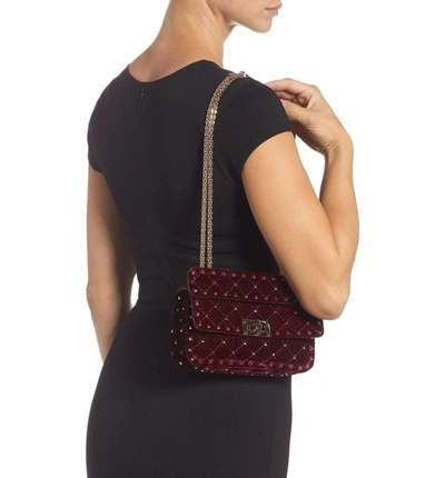 Shop Valentino Rockstud Matelasse Velvet Small Shoulder Bag - Red In Rubino