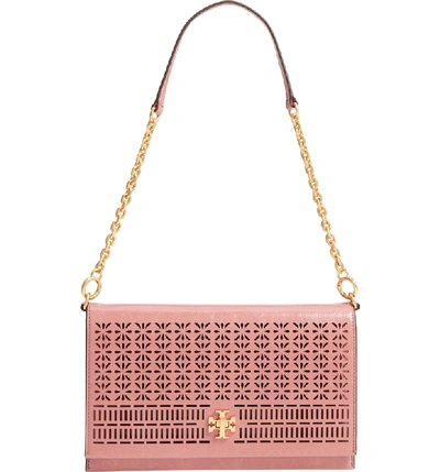 Shop Tory Burch Kira Perforated Leather Clutch In Pink Magnolia