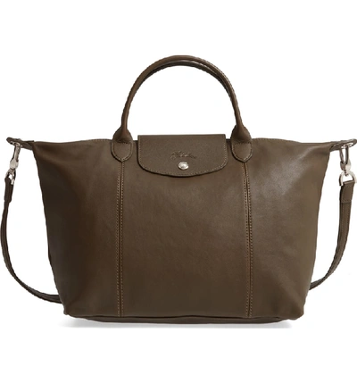 Shop Longchamp Medium 'le Pliage Cuir' Leather Top Handle Tote - Green In Khaki