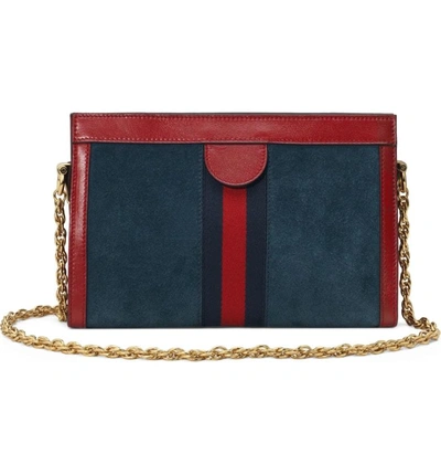 Shop Gucci Small Ophidia Suede Shoulder Bag In New Blue/ Cerise/ Blue Red