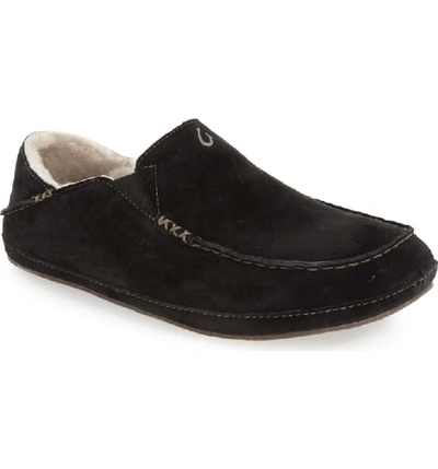 Shop Olukai 'moloa' Genuine Shearling Slipper In Black/ Black Leather