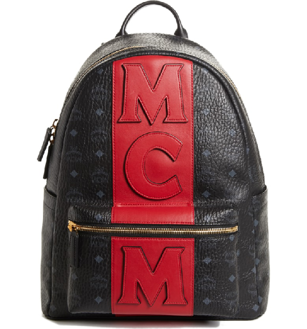 mcm red and black backpack