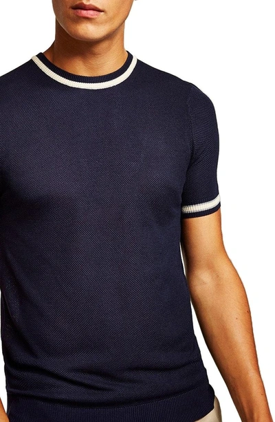 Shop Topman Tipping Classic Fit Short Sleeve Sweater In Navy Blue