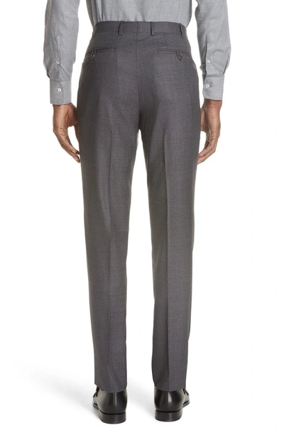 Shop Canali Flat Front Solid Wool Trousers In Charcoal