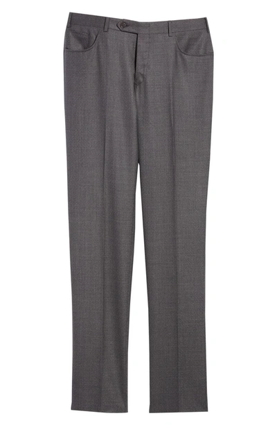 Shop Canali Flat Front Solid Wool Trousers In Charcoal