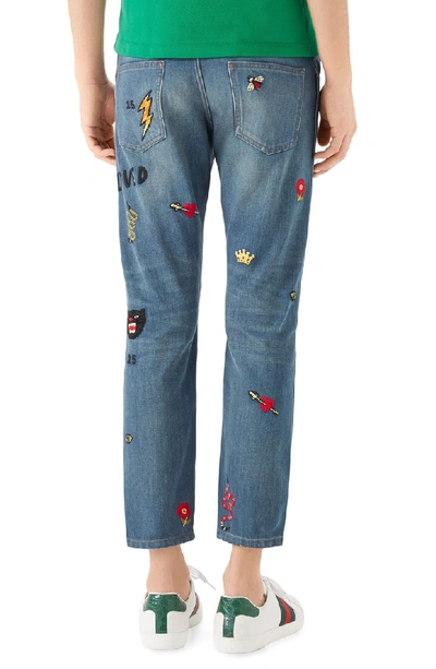 Shop Gucci Embroidered Crop Slim Fit Jeans In Blue