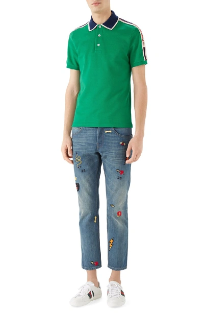 Shop Gucci Embroidered Crop Slim Fit Jeans In Blue