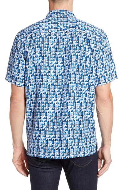 Shop Tommy Bahama Poquito Geo Print Silk Sport Shirt In Cobalt Sea
