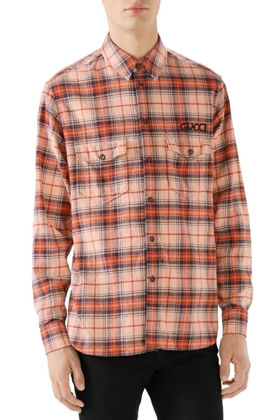 Shop Gucci Paramount Plaid Flannel Shirt In Beige/ Orange