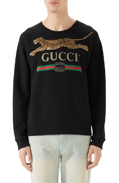 Shop Gucci Cheetah Applique Logo Sweatshirt In Black
