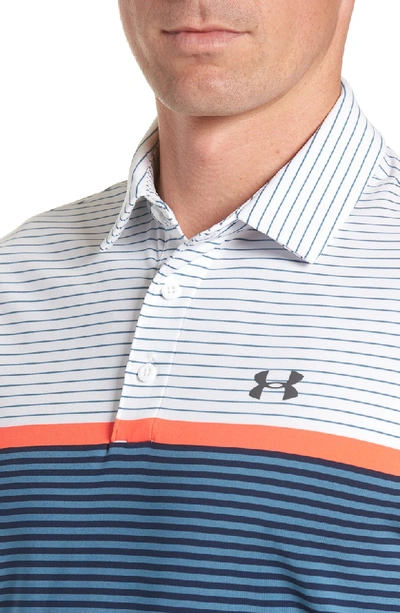 Shop Under Armour 'playoff' Loose Fit Short Sleeve Polo In White/ Bass Blue/ Rhino Grey
