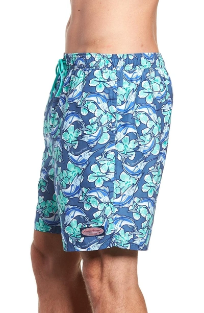 Shop Vineyard Vines Marlin Flowers Chappy Regular Fit Swim Trunks In Moonshine