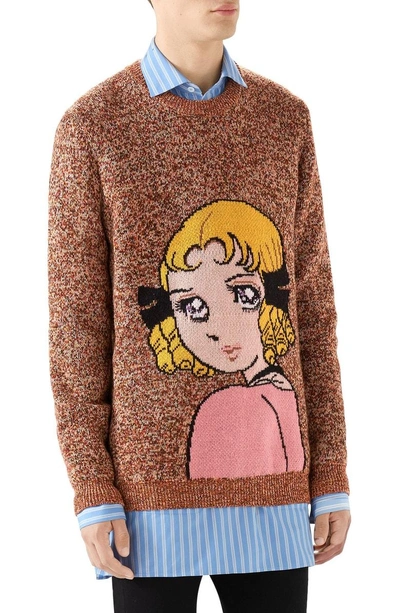 Shop Gucci Manga Intarsia Wool Crewneck Sweater In Orange