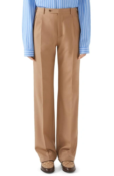 Shop Gucci Pleated Wool Trousers In Khaki
