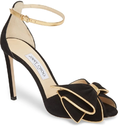 Shop Jimmy Choo Karlotta Bow Ankle Strap Sandal In Black/ Gold