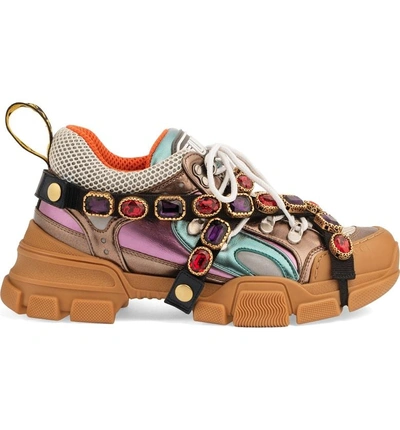 Shop Gucci Flashtrek Jewel Embellished Sneaker In Brown/ Blue/ Red