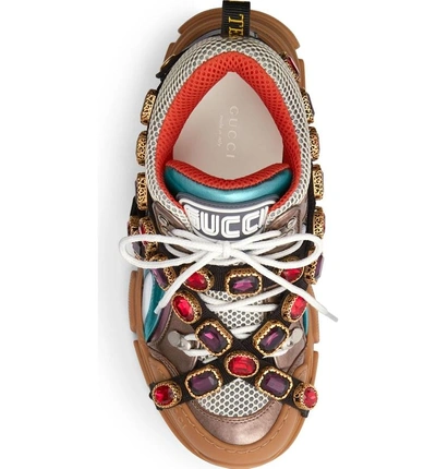 Shop Gucci Flashtrek Jewel Embellished Sneaker In Brown/ Blue/ Red