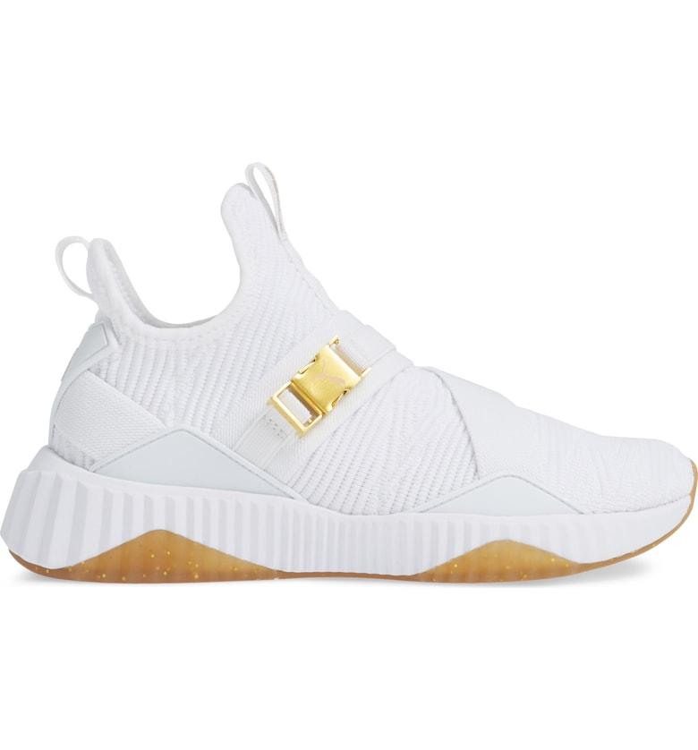 puma defy varsity mid white & gold shoes