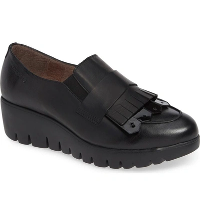 Shop Wonders Kiltie Wedge Loafer In Black Patent And Leather