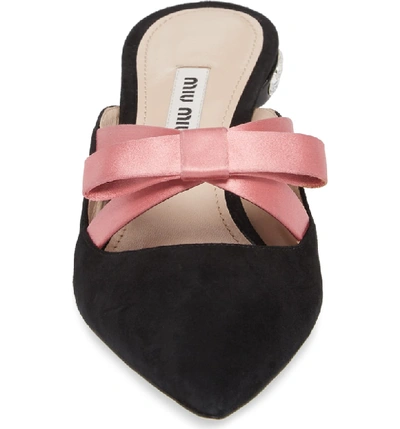 Shop Miu Miu Bow Pointy Toe Mule In Black/ Pink