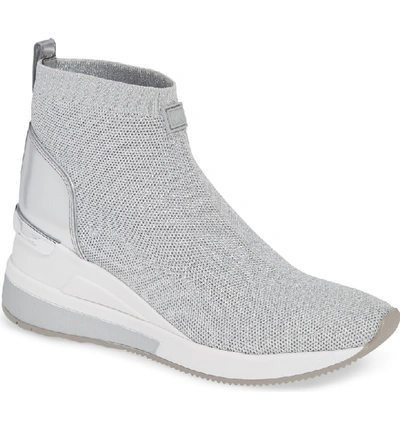 Shop Michael Michael Kors Skyler Knit Bootie In Silver Knit Fabric