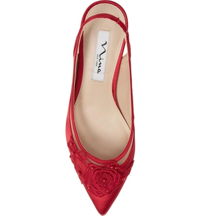 Shop Nina Taela Floral Embellished Slingback Pump In Red Glitter Fabric