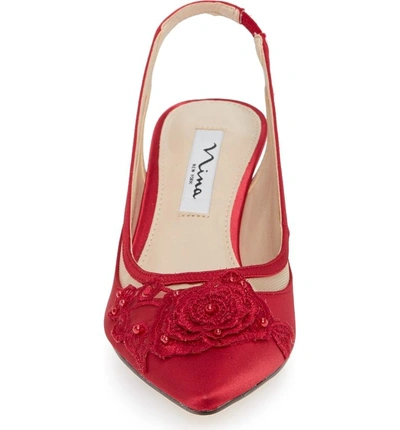 Shop Nina Taela Floral Embellished Slingback Pump In Red Glitter Fabric