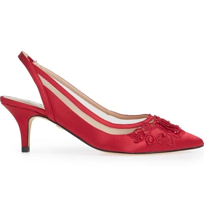 Shop Nina Taela Floral Embellished Slingback Pump In Red Glitter Fabric