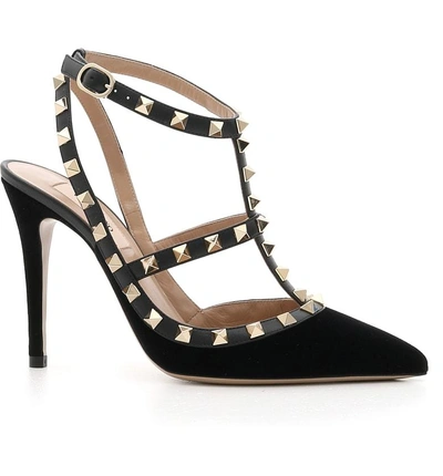 Shop Valentino Rockstud T-strap Pump In Black Velvet