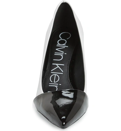 Shop Calvin Klein Roslyn Pointed Toe Pump In White/ Black Patent Leather