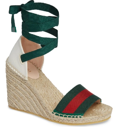 Gucci Women' Web Ankle Wrap Wedge Espadrilles Canvas Multicolor 2353701