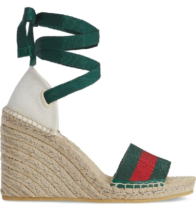 Shop Gucci Lilibeth Web Espadrille Wedge Sandal In White/ Green